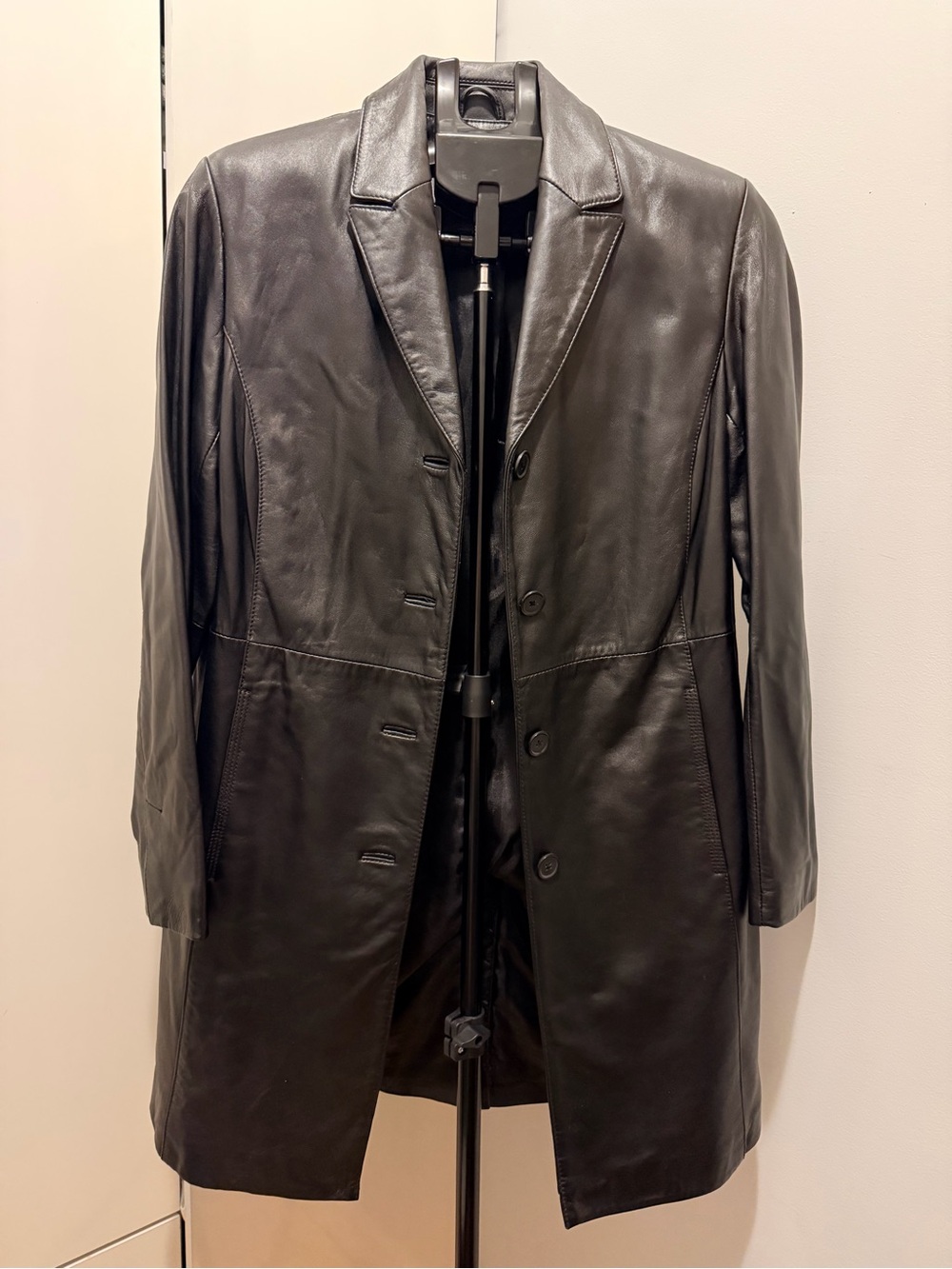 Modern Essentials- Black Leather Button-Front Coat size 6-8)